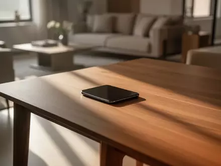 Ein Smartphone liegt auf einem Holztisch in einem modern eingerichteten indischen Wohnraum bei natürlichem Lichteinfall. - Foto: über boerse-global.de