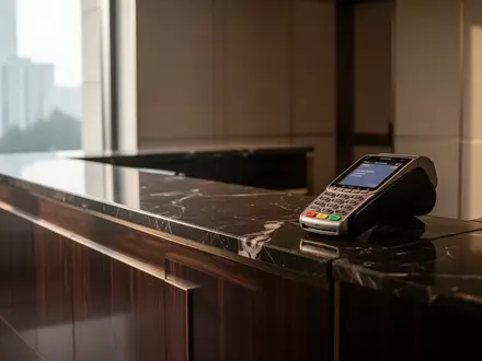Ein unbesetzter Empfangstresen in einem modernen Hotel mit einem bereitstehenden Kartenlesegerät für die Kautionshinterlegung. - Foto: über boerse-global.de