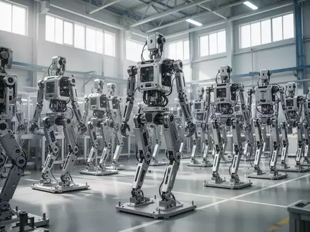 Reihen von humanoiden Robotern in einer hochmodernen, menschenleeren Fabrikhalle bei Tageslicht. - Foto: über boerse-global.de