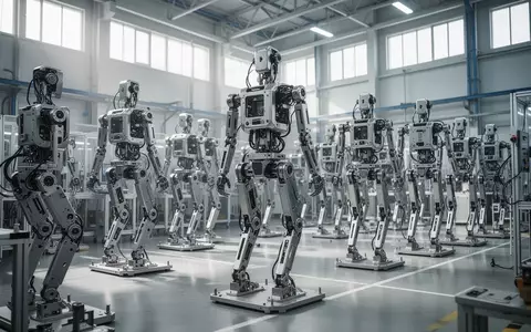 Reihen von humanoiden Robotern in einer hochmodernen, menschenleeren Fabrikhalle bei Tageslicht. - Foto: über boerse-global.de