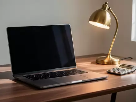 Ein minimalistischer Arbeitsplatz mit einem Laptop mit schwarzem Bildschirm, einer Schreibtischlampe und einem Taschenrechner. - Foto: über boerse-global.de