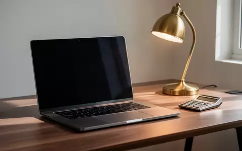 Ein minimalistischer Arbeitsplatz mit einem Laptop mit schwarzem Bildschirm, einer Schreibtischlampe und einem Taschenrechner. - Foto: über boerse-global.de
