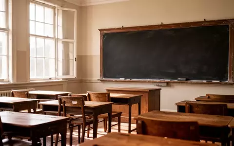 Ein leerer Klassenraum mit leeren Schulbänken und einer unbeschriebenen Tafel in einer Schule. - Foto: über boerse-global.de