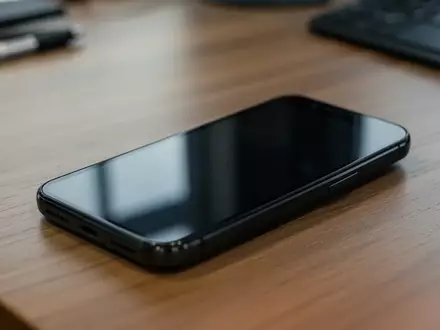 Ein dunkles Android-Smartphone liegt auf einem Holztisch in einer Büroumgebung. - Foto: über boerse-global.de