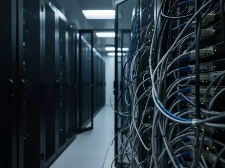 Ein dunkler Serverraum mit inaktiven Computer-Racks und Netzwerkkabeln als Symbol für einen digitalen Sicherheitsvorfall. - Foto: über boerse-global.de