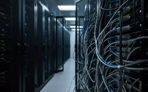 Ein dunkler Serverraum mit inaktiven Computer-Racks und Netzwerkkabeln als Symbol für einen digitalen Sicherheitsvorfall. - Foto: über boerse-global.de