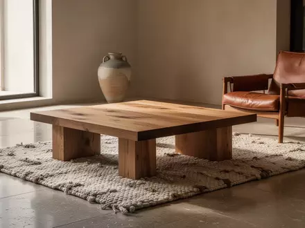 Ein minimalistisch gestaltetes Wohnzimmer mit hochwertigen Naturmaterialien wie Massivholz, Stein und Wolle. - Foto: über boerse-global.de