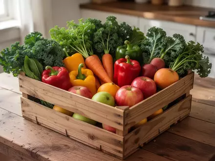 Eine Holzkiste mit frischem Obst und Gemüse auf einem rustikalen Holztisch in einer hellen Küche. - Foto: über boerse-global.de