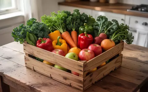 Eine Holzkiste mit frischem Obst und Gemüse auf einem rustikalen Holztisch in einer hellen Küche. - Foto: über boerse-global.de