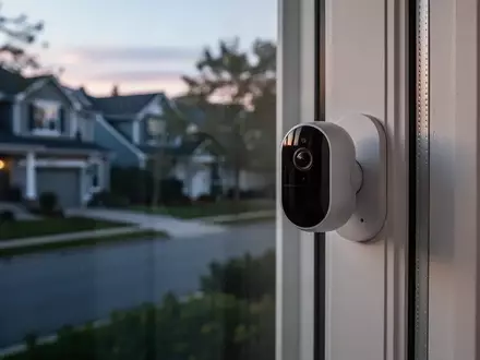 Moderne Überwachungskamera an einem Fensterrahmen mit Blick auf eine Wohnsiedlung in der Abenddämmerung. - Foto: über boerse-global.de