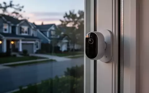 Moderne Überwachungskamera an einem Fensterrahmen mit Blick auf eine Wohnsiedlung in der Abenddämmerung. - Foto: über boerse-global.de