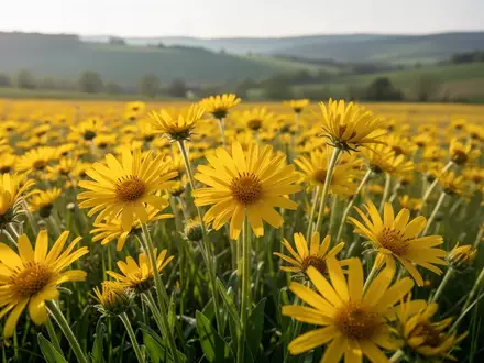 Ein blühendes Feld mit gelben Arnika-Pflanzen in einer ländlichen Agrarlandschaft. - Foto: über boerse-global.de
