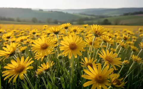Ein blühendes Feld mit gelben Arnika-Pflanzen in einer ländlichen Agrarlandschaft. - Foto: über boerse-global.de