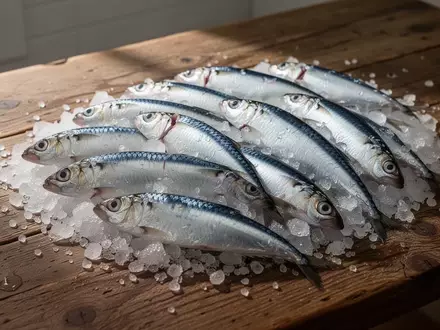 Frische rohe Sardinen auf einer Schicht aus zerstoßenem Eis und Meersalz auf einem rustikalen Holztisch. - Foto: über boerse-global.de