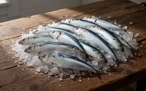 Frische rohe Sardinen auf einer Schicht aus zerstoßenem Eis und Meersalz auf einem rustikalen Holztisch. - Foto: über boerse-global.de