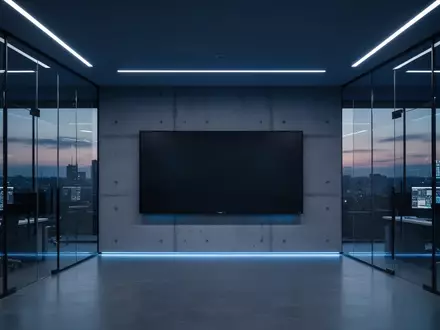 Modernes, architektonisch minimalistisches Sicherheits-Kontrollzentrum mit blauer Beleuchtung und einer dunklen Wandfläche. - Foto: über boerse-global.de