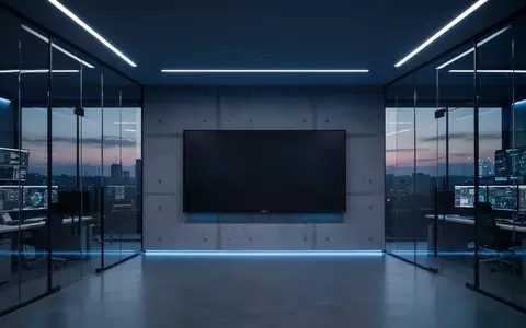 Modernes, architektonisch minimalistisches Sicherheits-Kontrollzentrum mit blauer Beleuchtung und einer dunklen Wandfläche. - Foto: über boerse-global.de