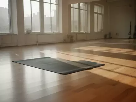Ein minimalistischer, sonnendurchfluteter Trainingsraum mit einer ausgebreiteten Yogamatte auf einem hellen Holzboden. - Foto: über boerse-global.de