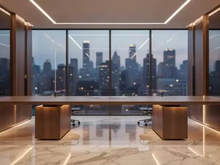 Modernes, leeres Bürointerieur mit großen Glasfronten und Blick auf eine Stadt bei Dämmerung. - Foto: über boerse-global.de