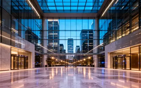 Ein minimalistisches, modernes Atrium in einem Finanzdistrikt bei Dämmerung, das globale Vernetzung und Stabilität symbolisiert. - Foto: über boerse-global.de