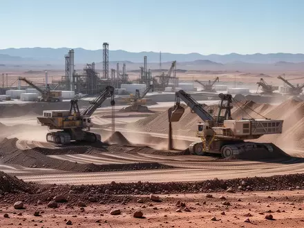 Moderne Lithium-Mine in einer Wüstenlandschaft mit schwerem Gerät bei der Arbeit. - Foto: über boerse-global.de