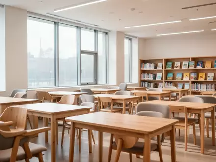 Ein heller, moderner Lernraum in einer Volkshochschule mit hölzernen Tischen und Stühlen in einer ruhigen, einladenden Umgebung. - Foto: über boerse-global.de