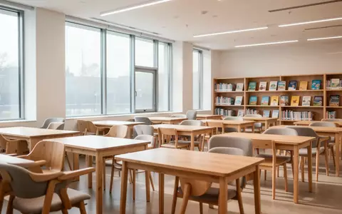 Ein heller, moderner Lernraum in einer Volkshochschule mit hölzernen Tischen und Stühlen in einer ruhigen, einladenden Umgebung. - Foto: über boerse-global.de