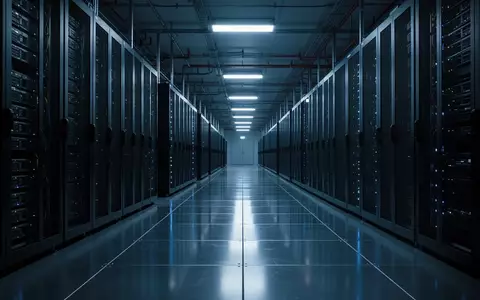 Ein moderner, nächtlicher Serverraum mit dunklen, inaktiven Serverschränken in einem sterilen, industriellen Flur. - Foto: über boerse-global.de