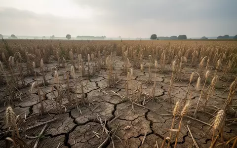 Ein ausgetrocknetes, rissiges Getreidefeld unter einem trüben Himmel als Symbol für die Erntekrise. - Foto: über boerse-global.de
