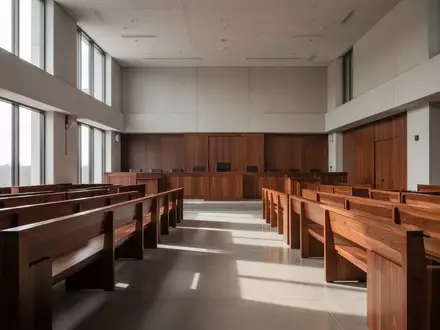 Ein minimalistischer Gerichtssaal mit polierten Holzbänken und hellem Lichteinfall durch große Fenster. - Foto: über boerse-global.de
