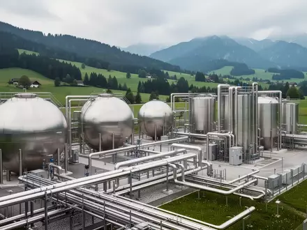 Moderne Biogasanlage mit großen Stahltanks und Rohrleitungen vor einer hügeligen Landschaft in Kärnten. - Foto: über boerse-global.de