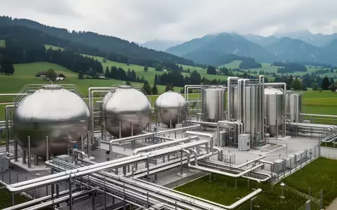 Moderne Biogasanlage mit großen Stahltanks und Rohrleitungen vor einer hügeligen Landschaft in Kärnten. - Foto: über boerse-global.de