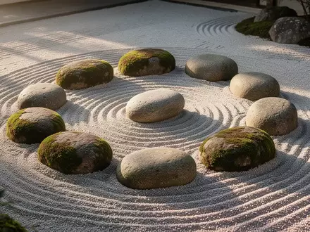 Ein minimalistischer Zen-Garten mit geharktem Kies und bemoosten Steinen in einer ruhigen, natürlichen Umgebung. - Foto: über boerse-global.de