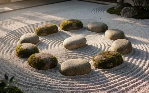 Ein minimalistischer Zen-Garten mit geharktem Kies und bemoosten Steinen in einer ruhigen, natürlichen Umgebung. - Foto: über boerse-global.de