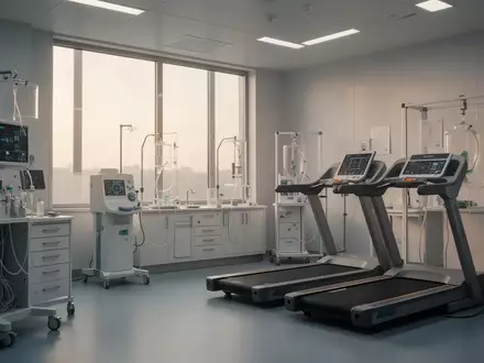 Ein modernes, minimalistisches sportwissenschaftliches Labor mit professionellen Diagnosegeräten und einem Laufband. - Foto: über boerse-global.de