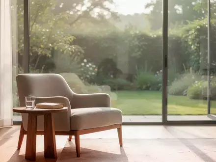 Ein heller, sonnendurchfluteter Wohnraum mit einem gemütlichen Sessel und einem Buch auf einem Beistelltisch vor einem Gartenblick. - Foto: über boerse-global.de