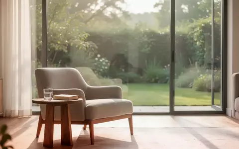 Ein heller, sonnendurchfluteter Wohnraum mit einem gemütlichen Sessel und einem Buch auf einem Beistelltisch vor einem Gartenblick. - Foto: über boerse-global.de