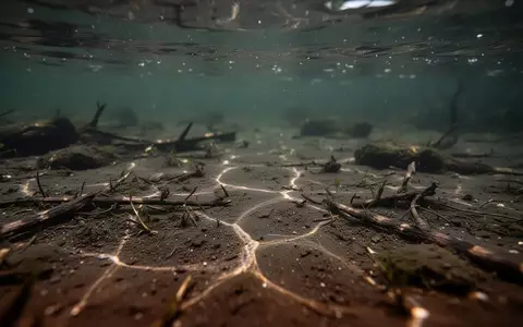 Ein dunkler, leicht trüber Flussgrund unter Wasser, auf den sanftes Sonnenlicht durch die Oberfläche fällt. - Foto: über boerse-global.de