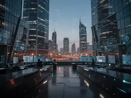 Moderne Stadtlandschaft bei Dämmerung mit architektonischen Lichtreflexionen als Symbol für vernetzte digitale Infrastruktur. - Foto: über boerse-global.de