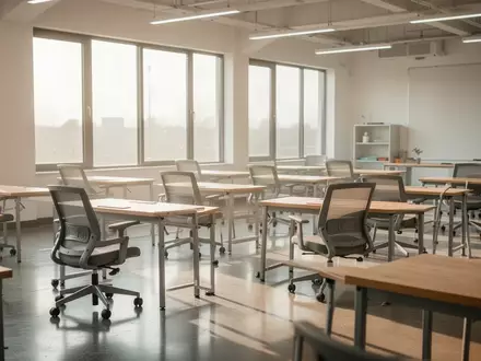 Ein heller, moderner Ausbildungsraum mit leeren Schreibtischen und großen Fenstern in einer sachlichen, professionellen Umgebung. - Foto: über boerse-global.de