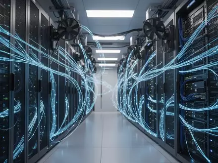 Moderne Serveranlage in einem Rechenzentrum mit blauer Beleuchtung als Symbol für Künstliche Intelligenz. - Foto: über boerse-global.de