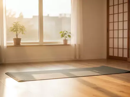 Ein heller, sonnendurchfluteter Wohnraum mit einer leeren Yogamatte auf einem Holzboden und einem japanischen Raumteiler. - Foto: über boerse-global.de