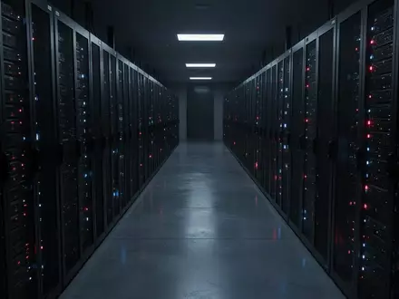 Dunkler Serverraum mit langen Reihen von Serverschränken und schwach leuchtenden Status-LEDs in einer modernen IT-Umgebung. - Foto: über boerse-global.de