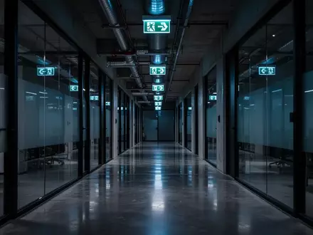 Ein dunkler, industriell gestalteter Flur in einem modernen Bürogebäude bei Nacht, beleuchtet durch dezentes blaues Notlicht. - Foto: über boerse-global.de