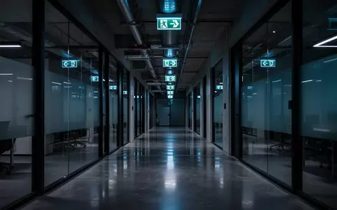 Ein dunkler, industriell gestalteter Flur in einem modernen Bürogebäude bei Nacht, beleuchtet durch dezentes blaues Notlicht. - Foto: über boerse-global.de