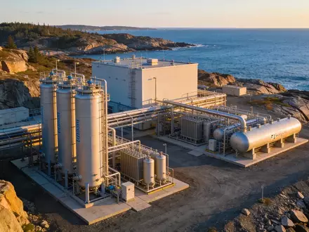 Moderne Wasserstoff-Infrastruktur in einer weitläufigen Küstenlandschaft in Nova Scotia bei Sonnenuntergang. - Foto: über boerse-global.de