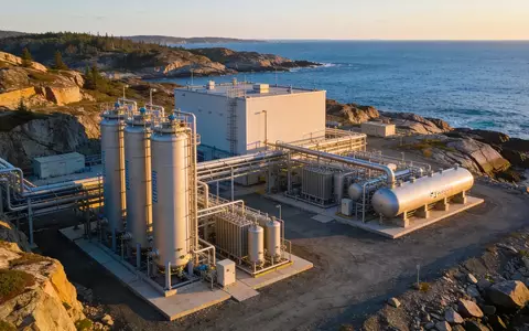 Moderne Wasserstoff-Infrastruktur in einer weitläufigen Küstenlandschaft in Nova Scotia bei Sonnenuntergang. - Foto: über boerse-global.de