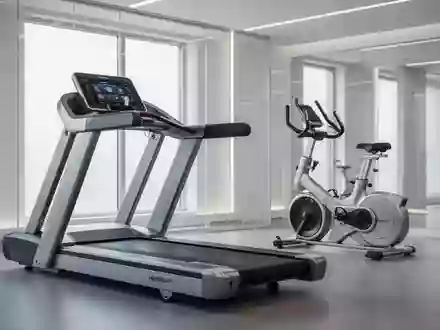 Moderne Fitnessgeräte in einem hellen, minimalistischen Fitnessstudio ohne Personen. - Foto: über boerse-global.de
