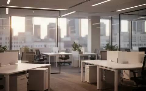 Modernes, minimalistisches Großraumbüro mit hellen Arbeitsplätzen und Blick auf eine verschwommene Skyline. - Foto: über boerse-global.de