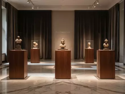 Ein eleganter, minimalistischer Auktionssaal mit Scheinwerfern und leeren Ausstellungspodesten vor dunklen Vorhängen. - Foto: über boerse-global.de